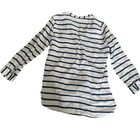 Zara Linen Navy White Stripes Button Roll Sleeves Pockets Blouse Shirt Medium - Picture 5 of 10